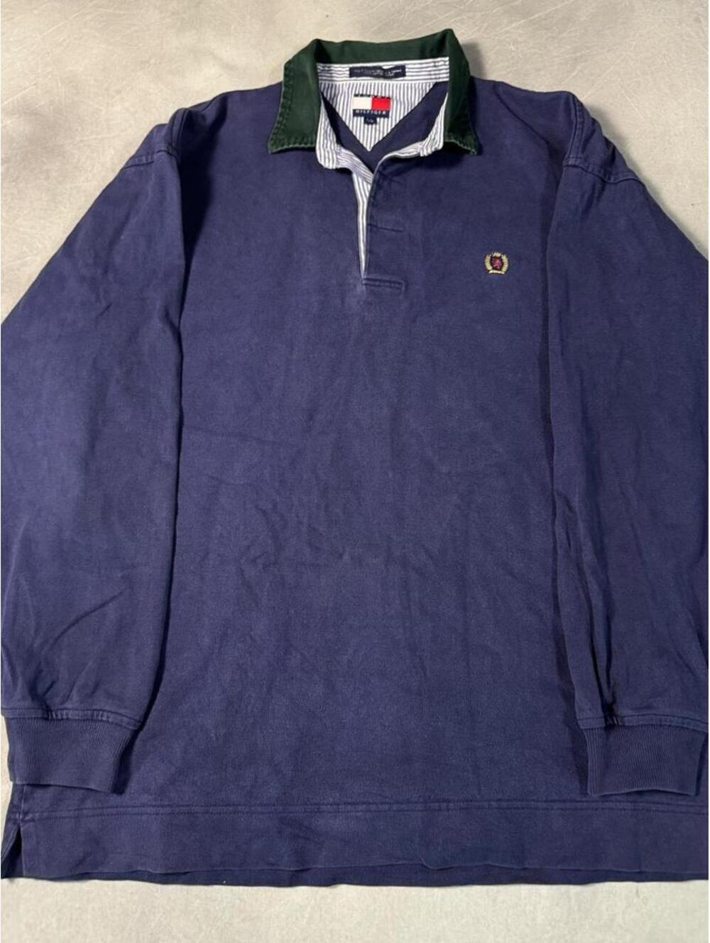 Vintage 90s Tommy Hilfiger Navy Rugby Shirt Green Collar Large